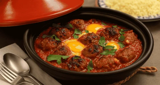 Moroccan kofta tagine with poached eggs in spiced tomato sauce